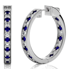 2 CT. Round Natural Diamond and Blue Sapphire Inside Out Hoop Earrings