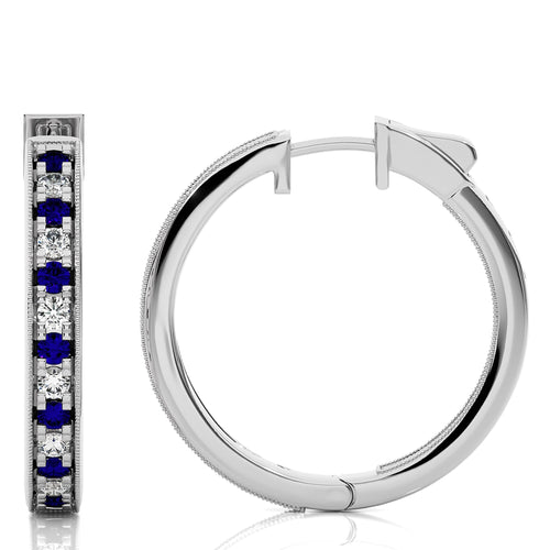 2 CT. Round Natural Diamond and Blue Sapphire Inside Out Hoop Earrings