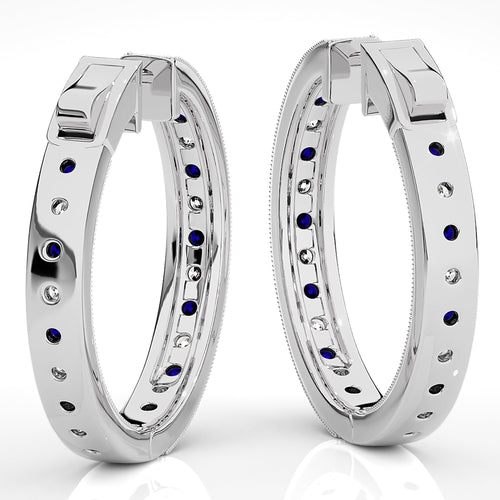 2 CT. Round Natural Diamond and Blue Sapphire Inside Out Hoop Earrings