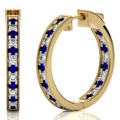 2 CT. Round Natural Diamond and Blue Sapphire Inside Out Hoop Earrings