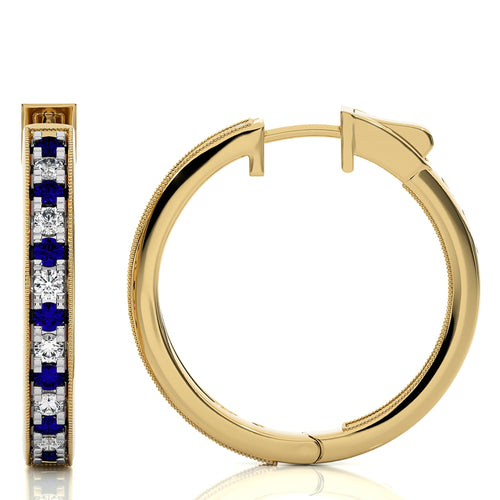 2 CT. Round Natural Diamond and Blue Sapphire Inside Out Hoop Earrings