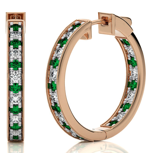 1 3/4 CT. Round Natural Diamond and Emerald Inside Out Hoop Earrings