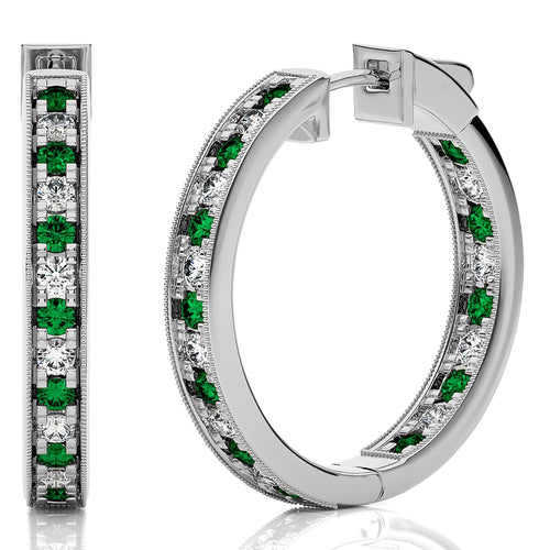 1 3/4 CT. Round Natural Diamond and Emerald Inside Out Hoop Earrings