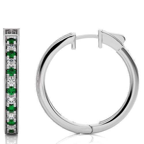 1 3/4 CT. Round Natural Diamond and Emerald Inside Out Hoop Earrings