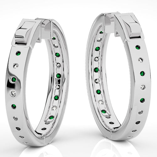 1 3/4 CT. Round Natural Diamond and Emerald Inside Out Hoop Earrings