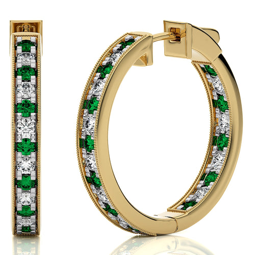 1 3/4 CT. Round Natural Diamond and Emerald Inside Out Hoop Earrings