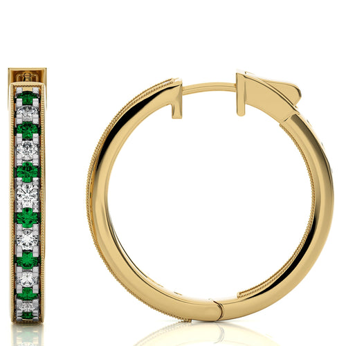 1 3/4 CT. Round Natural Diamond and Emerald Inside Out Hoop Earrings