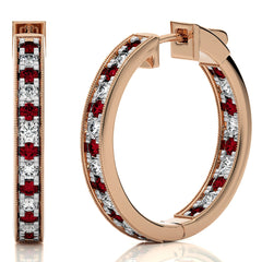 2 CT. Round Natural Diamond  and Ruby Inside Out Hoop Earrings