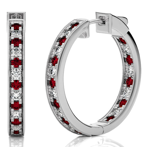 2 CT. Round Natural Diamond  and Ruby Inside Out Hoop Earrings