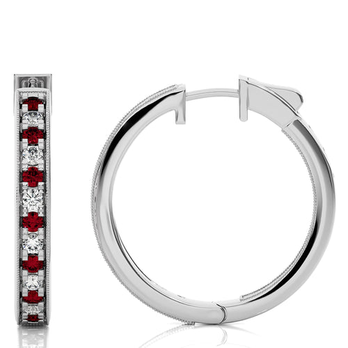 2 CT. Round Natural Diamond  and Ruby Inside Out Hoop Earrings