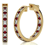 2 CT. Round Natural Diamond  and Ruby Inside Out Hoop Earrings
