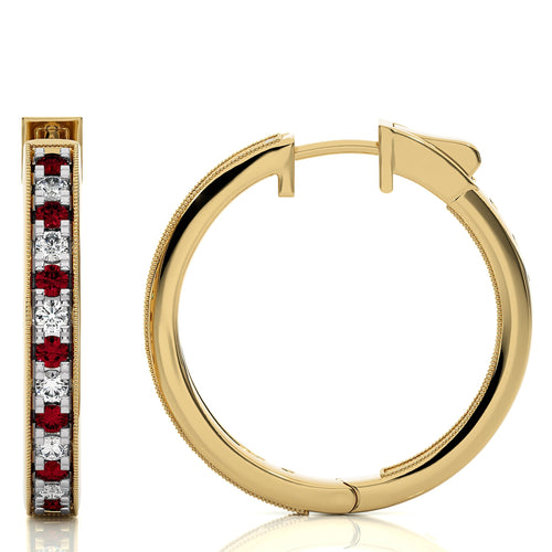 2 CT. Round Natural Diamond  and Ruby Inside Out Hoop Earrings