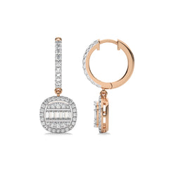 7/8 CT. Baguette and Round Natural Diamond Lever back Halo Drop Earrings