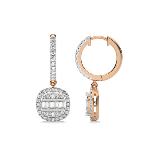 7/8 CT. Baguette and Round Natural Diamond Lever back Halo Drop Earrings