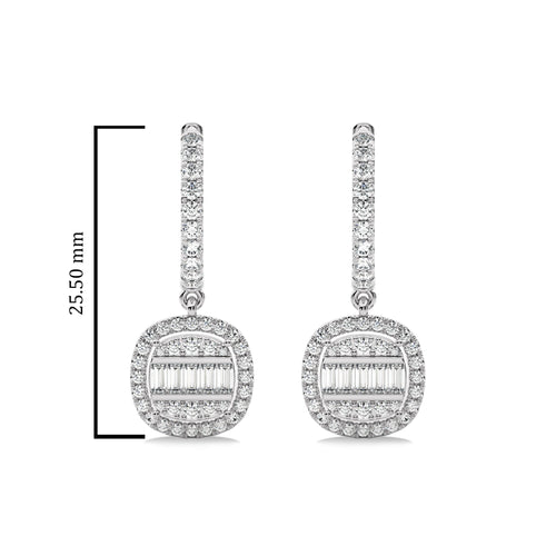 7/8 CT. Baguette and Round Natural Diamond Lever back Halo Drop Earrings