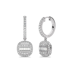 7/8 CT. Baguette and Round Natural Diamond Lever back Halo Drop Earrings