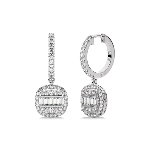 7/8 CT. Baguette and Round Natural Diamond Lever back Halo Drop Earrings