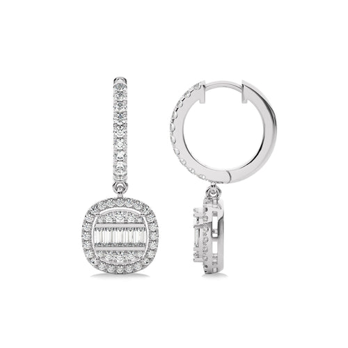 7/8 CT. Baguette and Round Natural Diamond Lever back Halo Drop Earrings