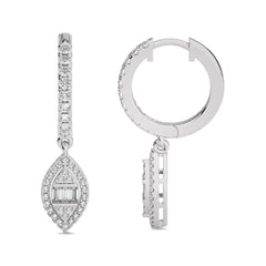 1/2 CT. Round and Baguette Natural Diamond Lever back Halo Drop Earrings