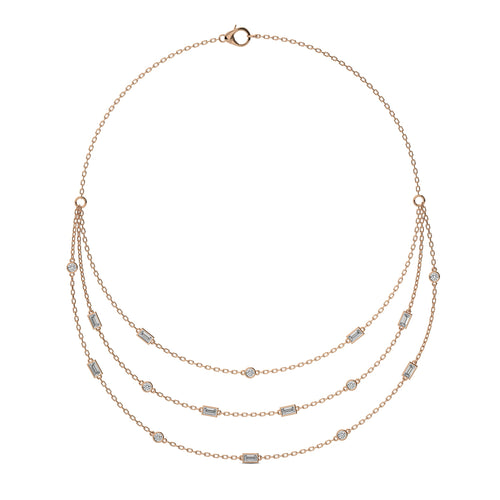 2 CT. Three Layered Baguette and Round Natural Diamond Necklace