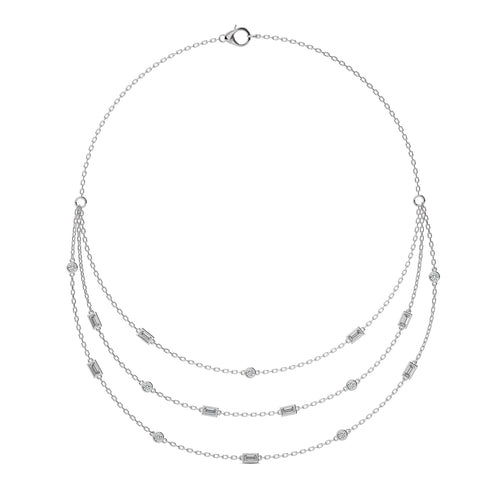 2 CT. Three Layered Baguette and Round Natural Diamond Necklace