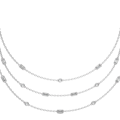 2 CT. Three Layered Baguette and Round Natural Diamond Necklace