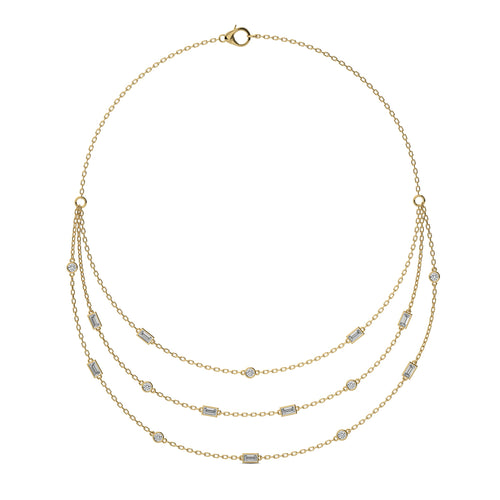 2 CT. Three Layered Baguette and Round Natural Diamond Necklace