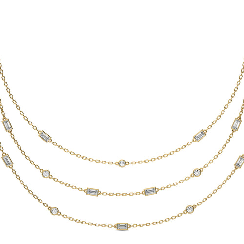2 CT. Three Layered Baguette and Round Natural Diamond Necklace