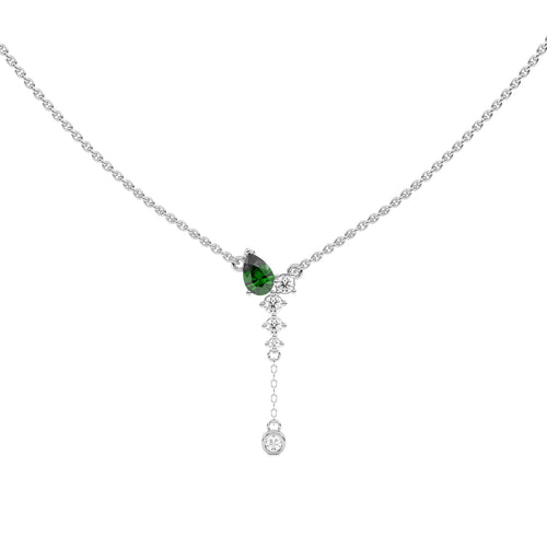 7/8 CT. Round Natural Diamond and Natural Emerald Pear Lariat Necklace