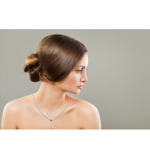 7/8 CT. Round Natural Diamond and Natural Emerald Pear Lariat Necklace