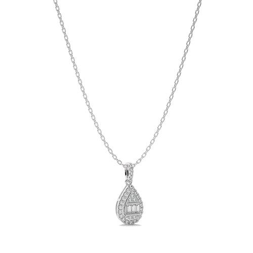 3/8 CT. Pear Shape Halo Round and Baguette Natural Diamond Pendant
