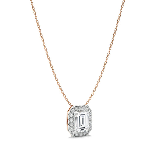 1 CT. Emerald Cut and Round Halo Lab Created Diamond Pendant