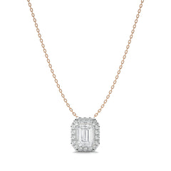 1 CT. Emerald Cut and Round Halo Lab Created Diamond Pendant