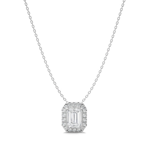 1 CT. Emerald Cut and Round Halo Lab Created Diamond Pendant