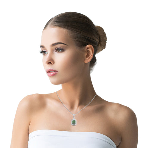 Verdant Glow Round Natural Diamond and Emerald Pendant Necklace