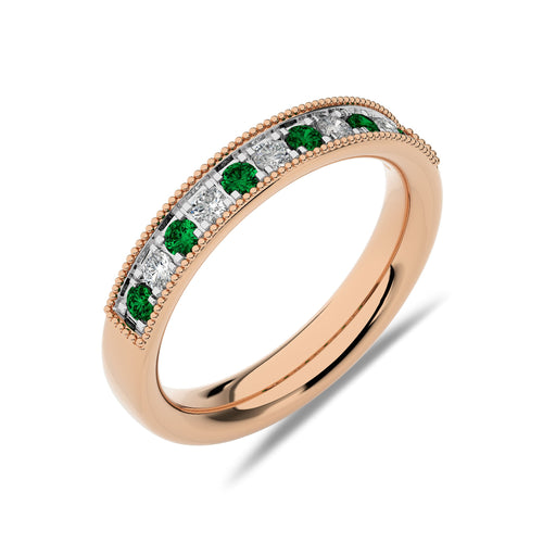 3/8 CT. Vintage Round Natural Diamond and Emerald Half Eternity Band