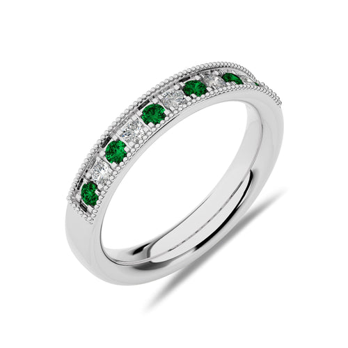 3/8 CT. Vintage Round Natural Diamond and Emerald Half Eternity Band