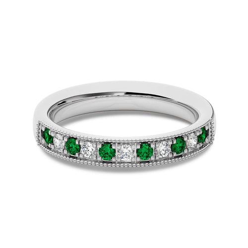 3/8 CT. Vintage Round Natural Diamond and Emerald Half Eternity Band