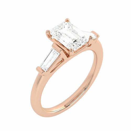 1 1/2 CT. Three Stone Emreald and tapper baggutte Lab created Diamond Engagement Ring