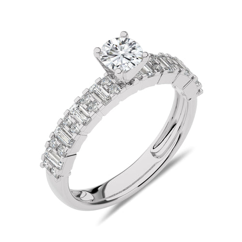 1 CT Round and Baguette Natural Diamond Engagement Ring
