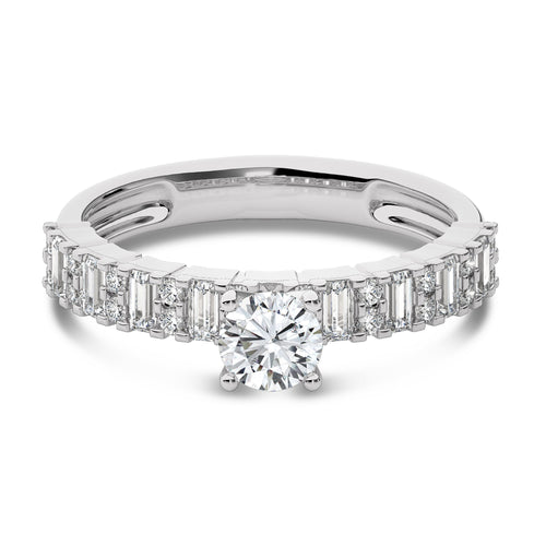 1 CT Round and Baguette Natural Diamond Engagement Ring
