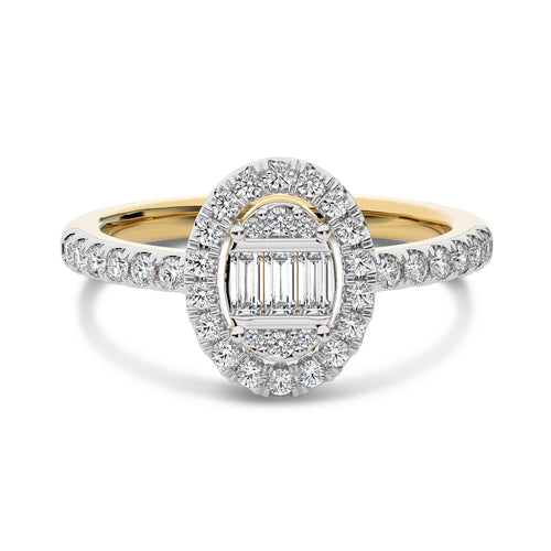 1/2 CT. Oval Shape Halo Round and Baguette Natural Diamond Ring
