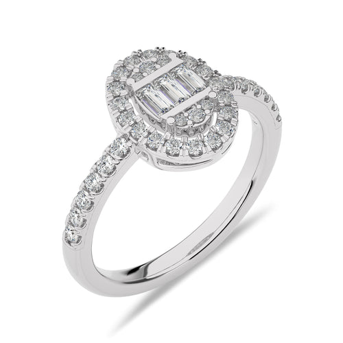 1/2 CT. Oval Shape Halo Round and Baguette Lab Created Diamond Ring