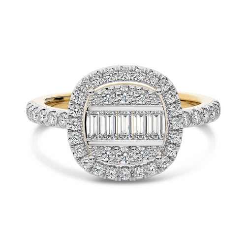 1 CT. Cushion Shape Halo Design Round and Baguette Natural Diamond Ring