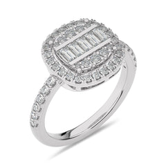 1 CT. Cushion Shape Halo Design Round and Baguette Natural Diamond Ring