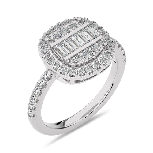 1 CT. Cushion Shape Halo Design Round and Baguette Natural Diamond Ring
