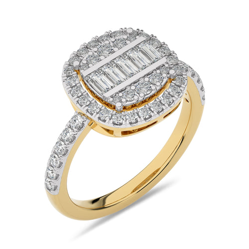 1 CT. Cushion Shape Halo Design Round and Baguette Natural Diamond Ring