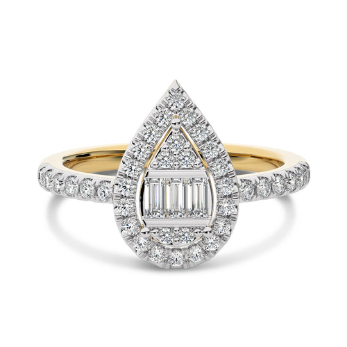 1/2 CT. Pear Shape Halo Design Round and Baguette Natural Diamond Ring