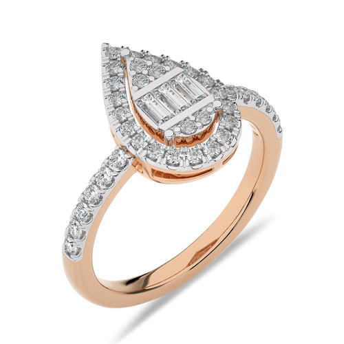 1/2 CT. Pear Shape Halo Design Round and Baguette Natural Diamond Ring