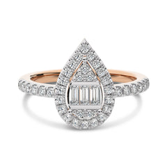 1/2 CT. Pear Shape Halo Design Round and Baguette Natural Diamond Ring
